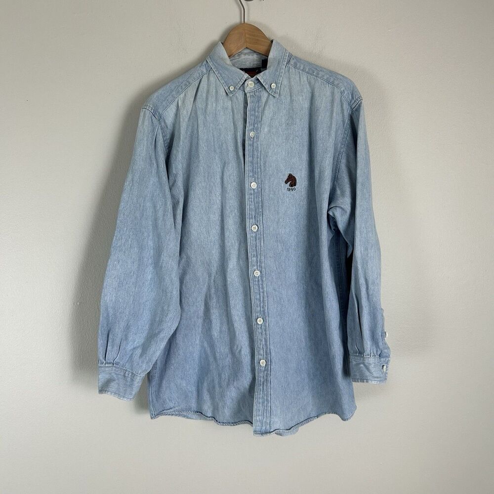 Men’s M Button Up Shirt Denim Jean Equestrian Embroidered Horse Vtg 90s Country